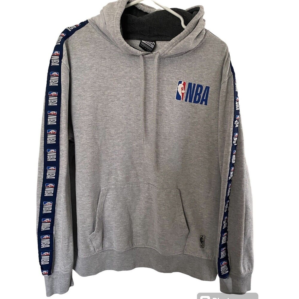 Official NBA Logo Hoodie Sweatshirt Sweater Gray Blue Taping Stripe Sleeves L